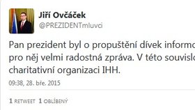 Jiří Ovčáček také na Twitteru jménem prezidenta poděkoval organizaci IHH.