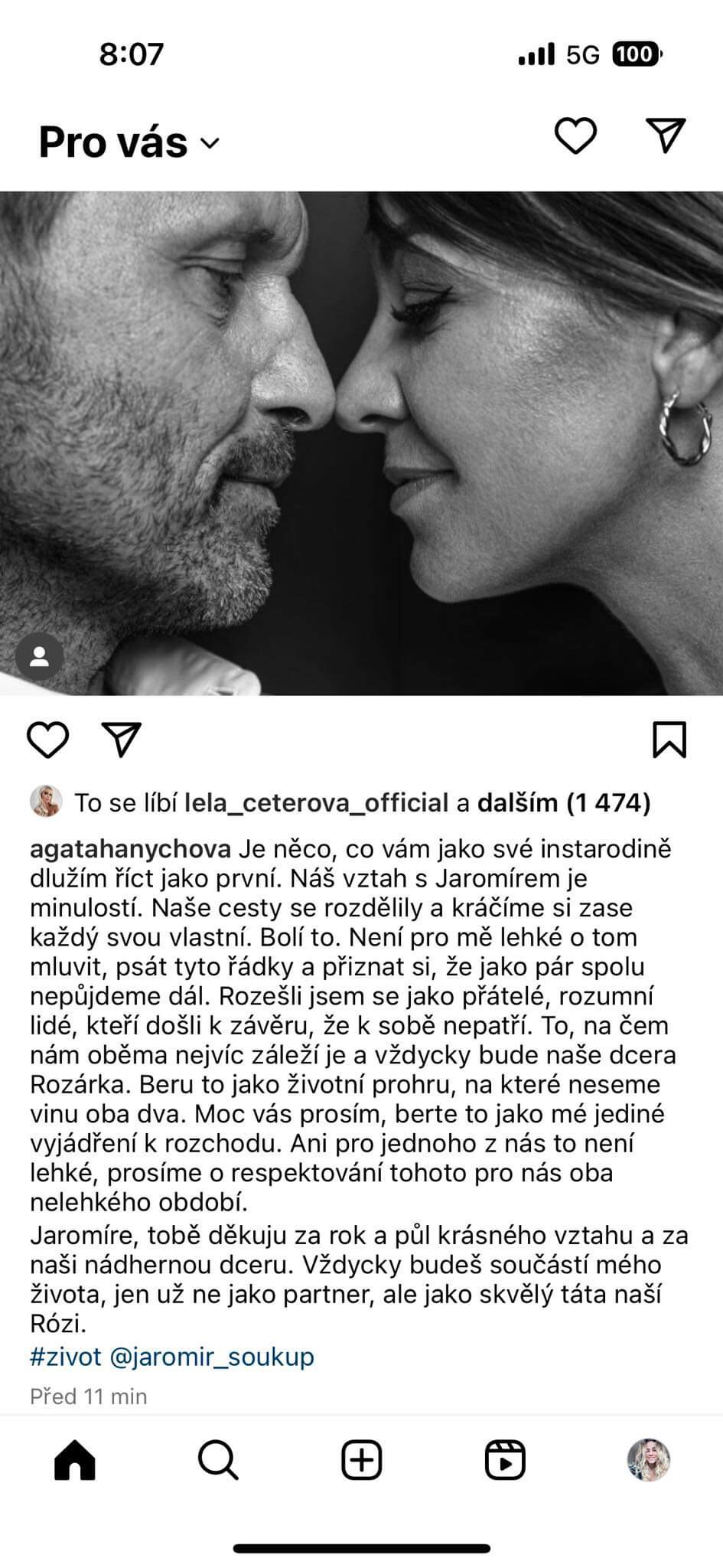 Agáta Hanychová oznámila rozchod s Jaromírem Soukupem na sociální síti. 