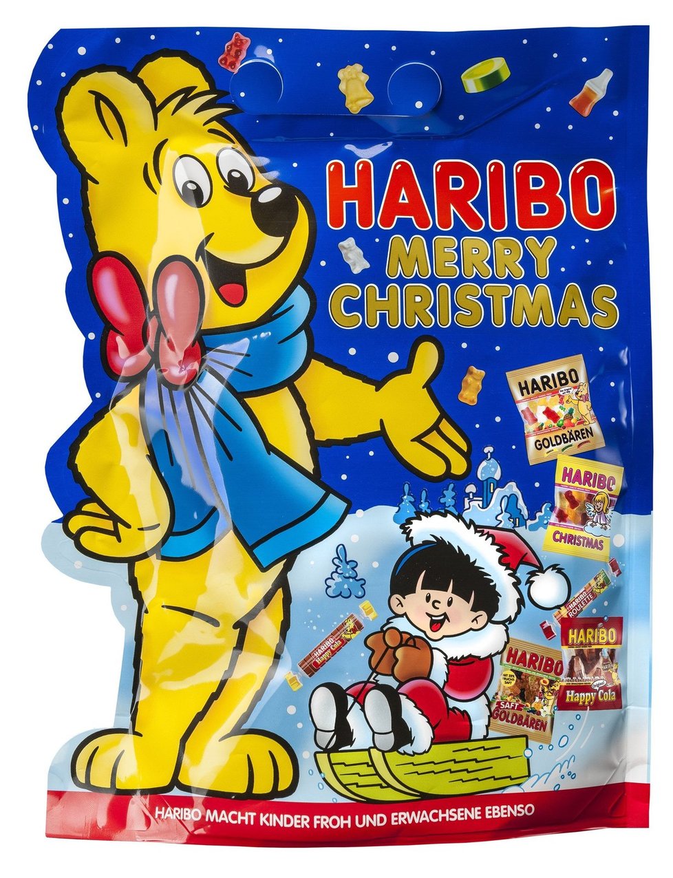 Nápaditě vyrobený sáček HARIBO Merry Christmas obsahuje 630g různých mini sáčků plných bonbónků, kterými můžete obdarovat své nejbližší.