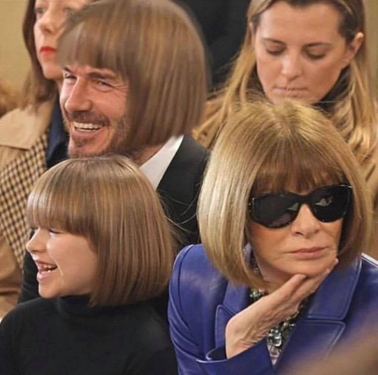 David Beckham zveřejnila svém instagramu parodii na účes své dcery a šéfky Vogue Anny Wintour