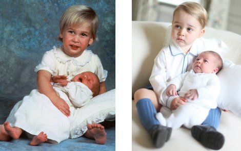 V roce 1984 malý Harry tehdy v náručí Williama spokojeně spinkal. Na rozdíl od Harryho se Charlotte čiperně rozhlíží po okolí.