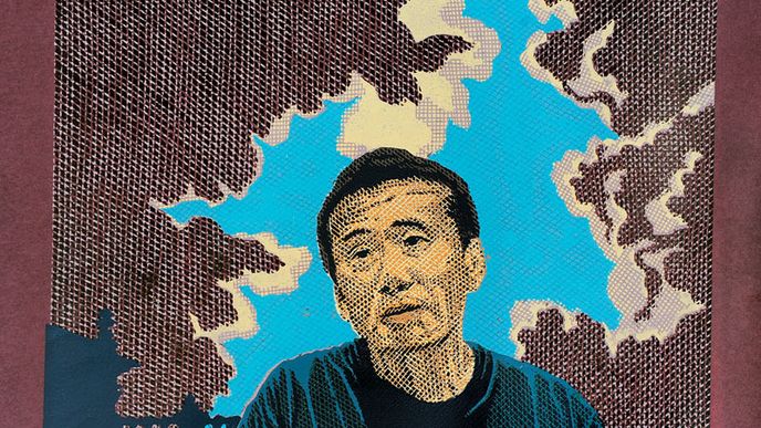 Japonský spisovatel HARUKI MURAKAMI na barevném linorytu Pavla Piekara (r. 2009, 40x51 cm)