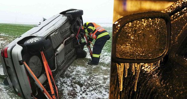 Převrácená auta, nehody: Sníh a ledovka ohrožují řidiče, na západě hlásí extrémní nebezpečí