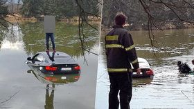 Řidič vjel autem do vody, ale zachránil se. Na pomoc čekal na střeše vozu.