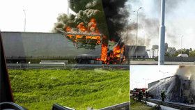Rumunský kamion na dálnici D1 začal hořet, na místě zasahovali hasiči.