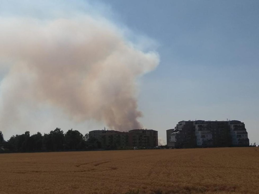 Opodál bývalých zemědělských skladů v Tursku hořelo odpoledne i pole, 16. července 2019.