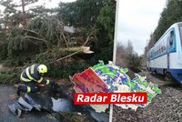 Výstraha před vichrem! Spadlé stromy zastavily vlaky u Prahy. Ochladí se, sledujte radar Blesku