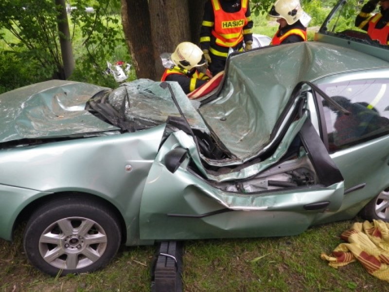 Fiat má střechu promáčklou od stromu, na který nalétlo