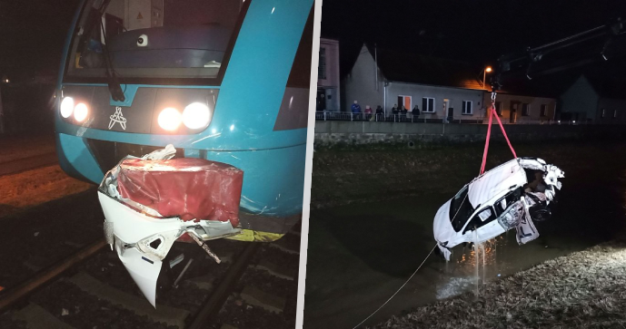 Ošklivá srážka vlaku a osobáku v Kunovicích: Auto skončilo v řece!