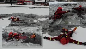 Ledový příkrov se rozlámal na kusy: Hasiči z Varnsdorfu museli naskákat do mrazivé vody