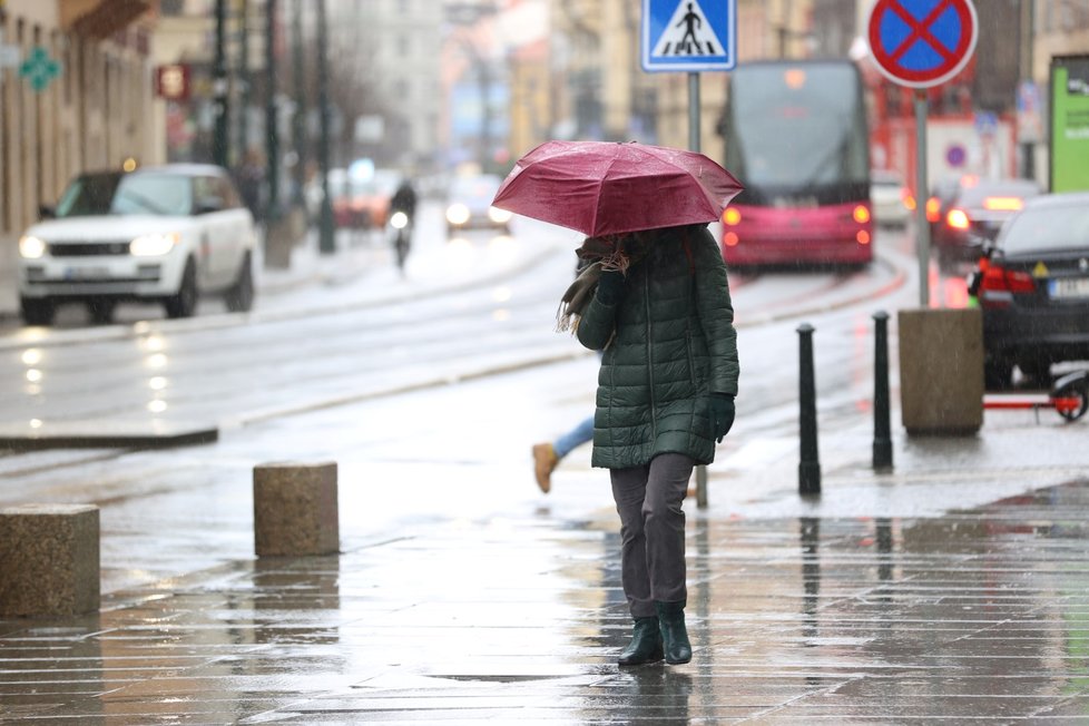 Větrné počasí ve spojení s deštěm komplikuje život i lidem v Praze (17. 2. 2022)