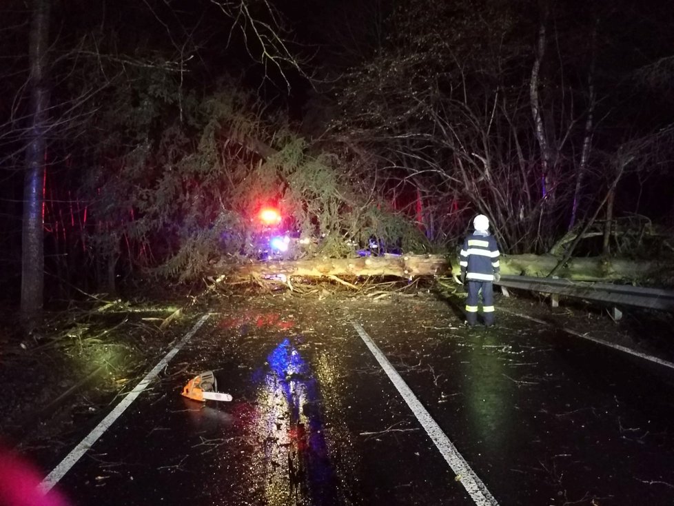Asi tři desítky výjezdů měli v noci na čtvrtek hasiči v Karlovarském kraji kvůli větru. Odstraňovali stromy, které padly na silnice, někde i na domy či auta (17. 2. 2022)