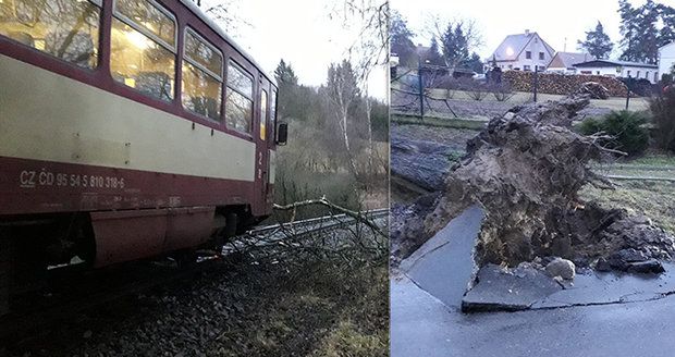 Na Plzeňsku se „ženili všichni čerti“: Vyvrácené stromy, do větví na kolejích najel vlak