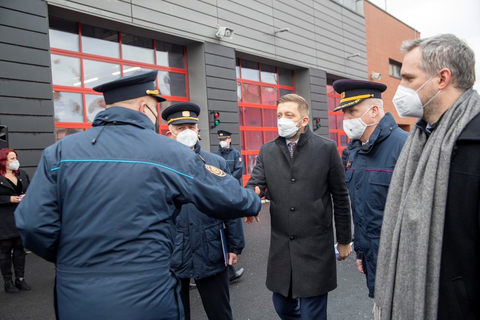 Slavnostní otevření nové hasičské stanice v Argentinské ulici v Praze 7. Zúčastnil se ho i ministr vnitra Vít Rakušan (STAN) a pražský primátor Zdeněk Hřib (Piráti). (18. ledna 2022)