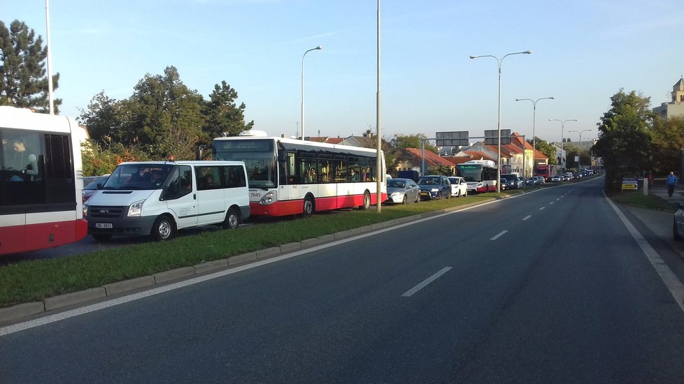 Černé úterý. Havárie vodovodu na Gajdošově ulici v Brně způsobila velké dopravní komplikace. Provoz řídí policisté.