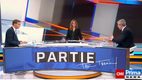Ministr dopravy Martin Kupka (ODS) a exministr dopravy, průmyslu a obchodu Karel Havlíček (ANO) v pořadu Partie na TV Prima (3.4.2022)