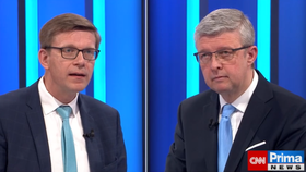 Ministr dopravy Martin Kupka (ODS) a exministr dopravy, průmyslu a obchodu Karel Havlíček (ANO) v pořadu Partie na TV Prima (3.4.2022)