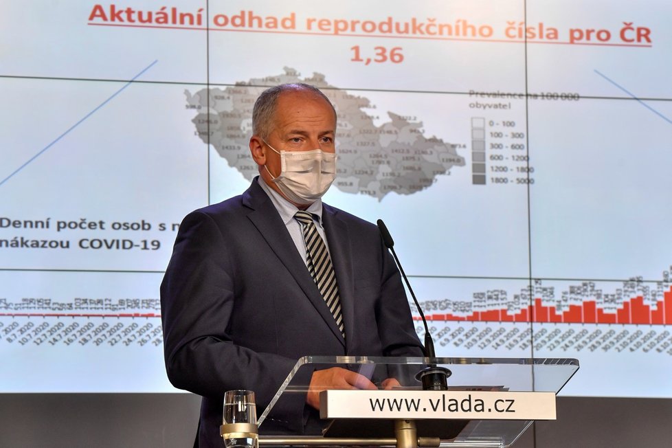 Ministr zdravotnictví Roman Prymula (za ANO) vystoupil 26. října 2020 v Praze na tiskové konferenci po jednání vlády.