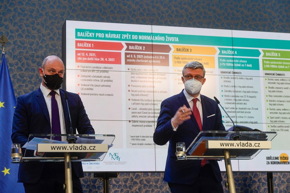 Ministr školství Robert Plaga (ANO) a vicepremiér Karel Havlíček (za ANO) na tiskové konferenci po jednání vlády (22. 4. 2021)