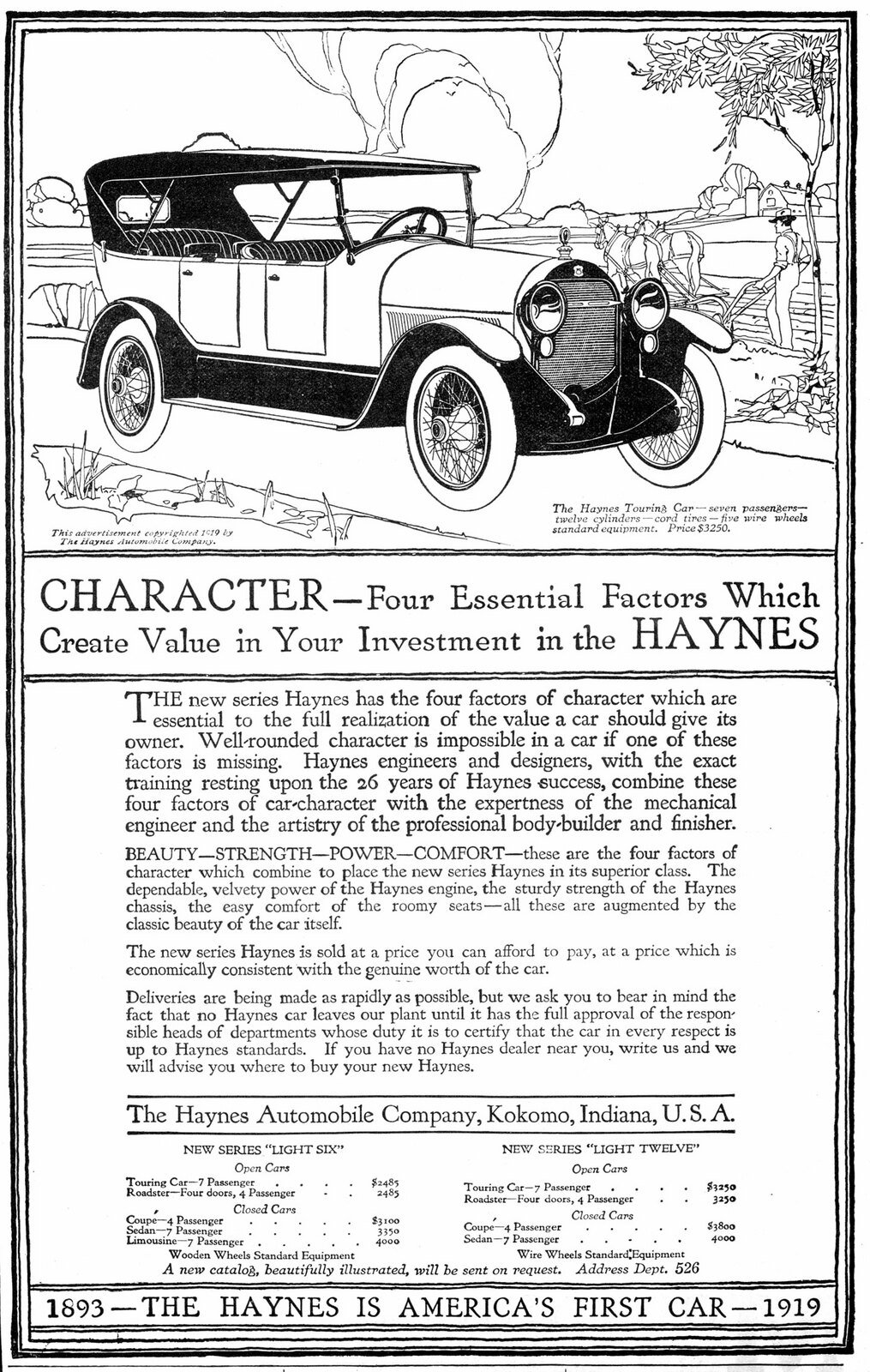 Reklama na Haynes Automobile Company (1919)