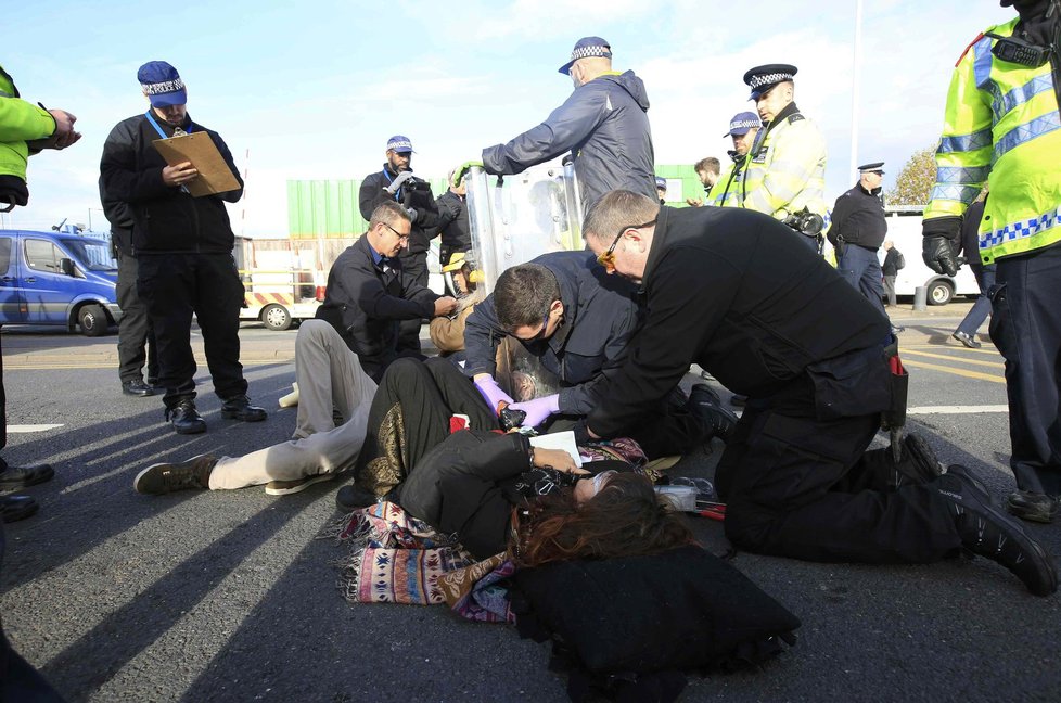 Zatýkání demonstrantů u letiště v Heathrow