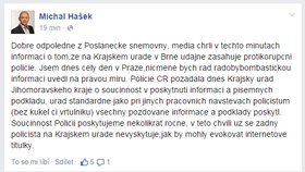 Hejtman Hašek o zásahu policie na svém úřadě