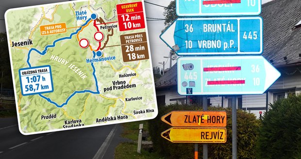 Oficiální objížďka z Heřmanovic do Zlatých Hor je dlouhá takřka 60 km.