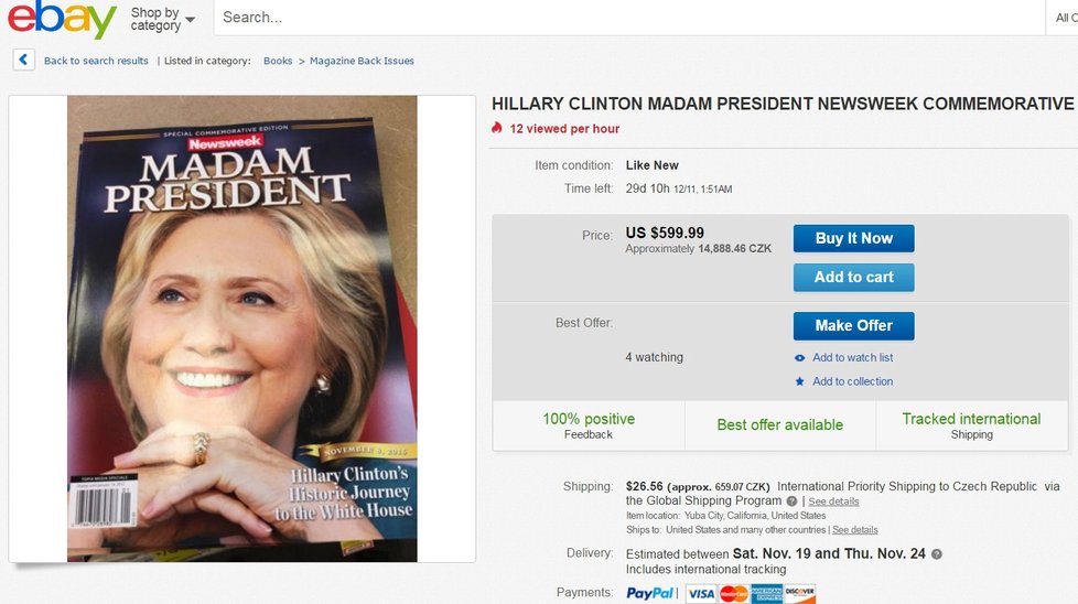 Obálka s Hillary se prodává za tisíce korun.