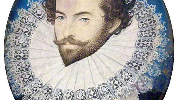 Oválný portrét Sira Waltera Raleigha od Nicholase Hilliarda (cca 1585)