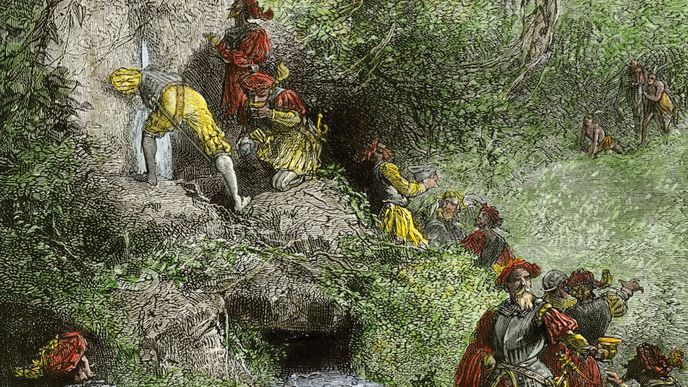 Ponce de León a jeho průzkumníci na Floridě hledají fontánu mládí podle německé romantické kresby z 19. století