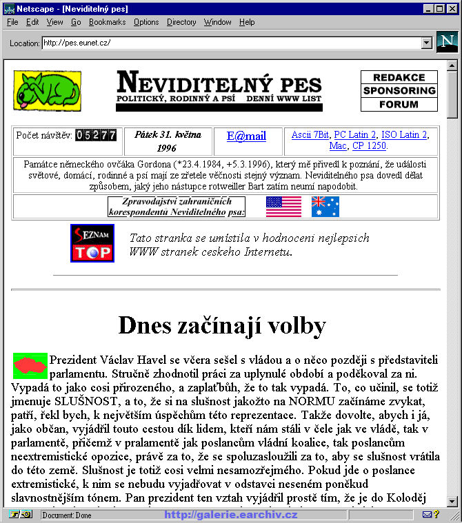 První ryze český internetový deník Neviditelný pes z 31. 5. 1996