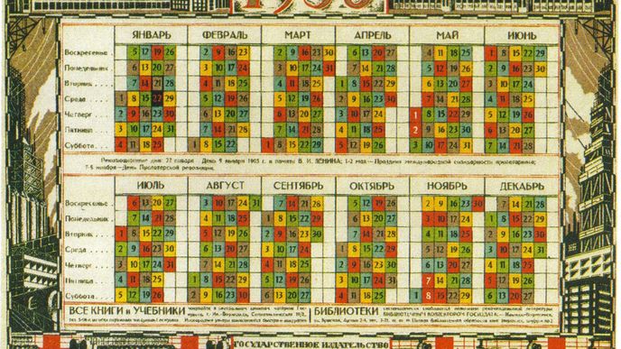 Sovětský kalendář z roku 1930, kde jsou barvami vyznačeny volné dny pěti skupin pracujících. Názvy dnů (vlevo) jsou tradiční.