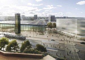 Hlavní nádraží v Brně v budoucnu. Pohled na hlavní budovu nového nádraží na lokalitě pod Petrovem