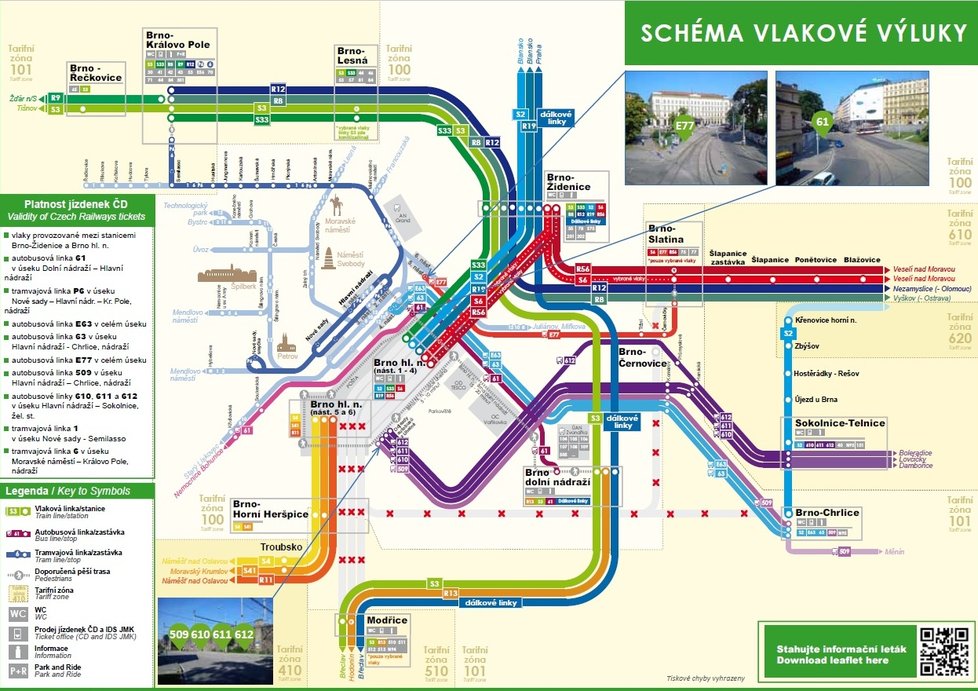 Schéma řešení dopravy během výluky hlavního nádraží v Brně.