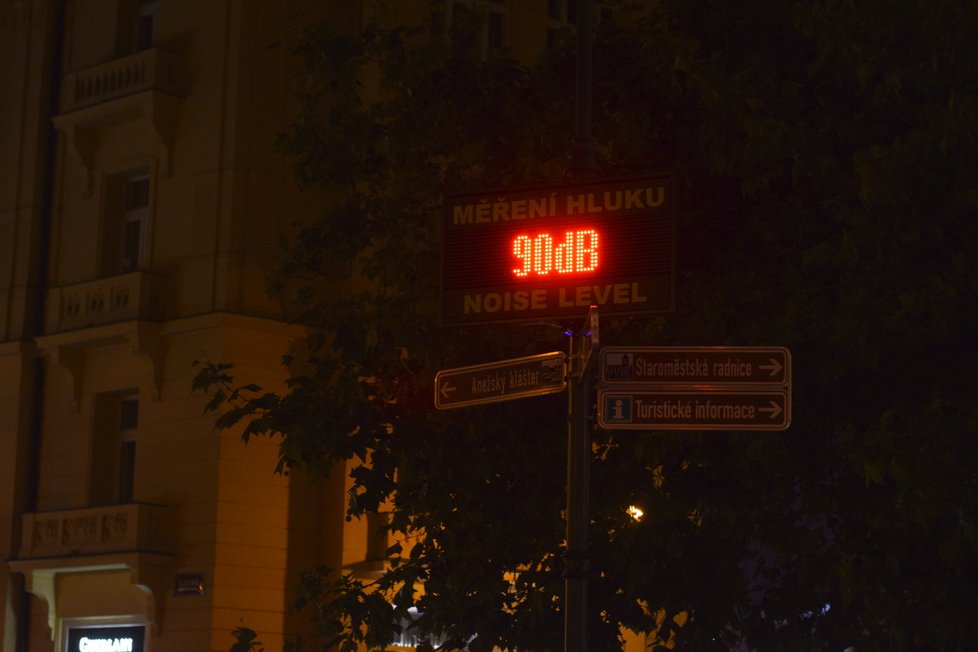 Hlukoměr v Dlouhé ulici v centru Prahy dosahuje v noci hodnot až 91 db.
