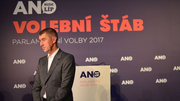 Andrej Babiš ve volebním štábu hnutí ANO.