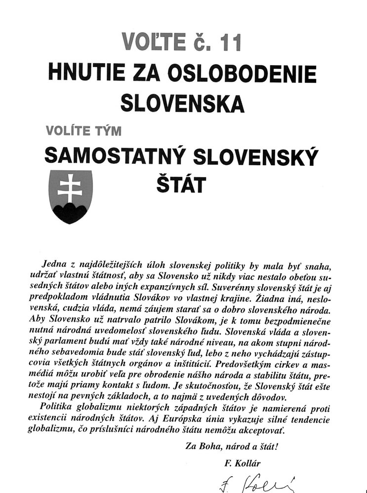 Volební leták Hnutí za osvobození Slovenska (květen 1992). Ve volbách v roce 1992 propadlo.