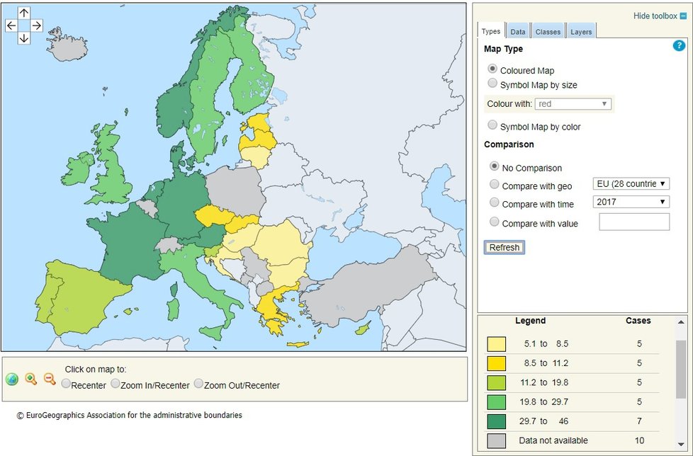 Rozložení „sil“ v EU v rámci průměrné hodinové mzdy. Údaje jsou v eurech. Podobně jsou na tom některé pobaltské státy a Řecko.