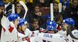 Čeští hokejisté slaví jeden z gólů proti Finsku