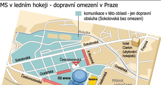 Mapa ukazuje dopravní omezení v okolí O2 areny