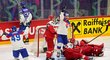 Radost slovenských hokejistů po brance Regendy v duelu s Dánskem
