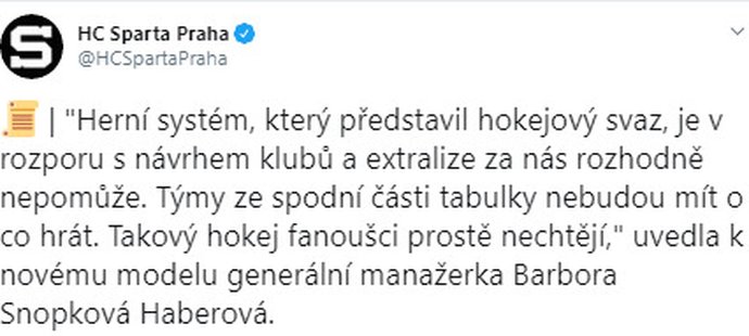 Generální manažerka Sparty Barbora Snopková Haberová se vyjádřila na twitteru