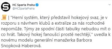 Generální manažerka Sparty Barbora Snopková Haberová se vyjádřila na twitteru