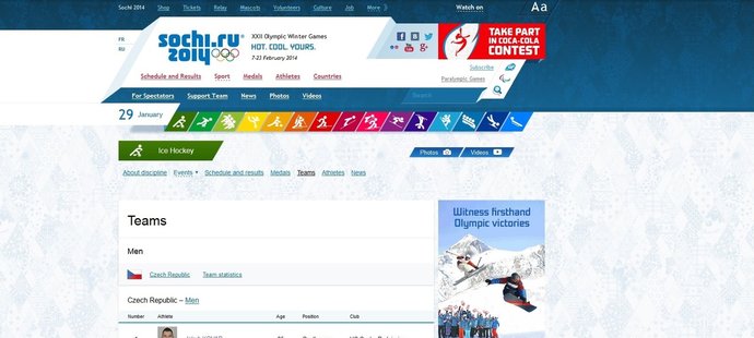 Chyb je na oficiálních olympijských stránkách u české hokejové soupisky hodně