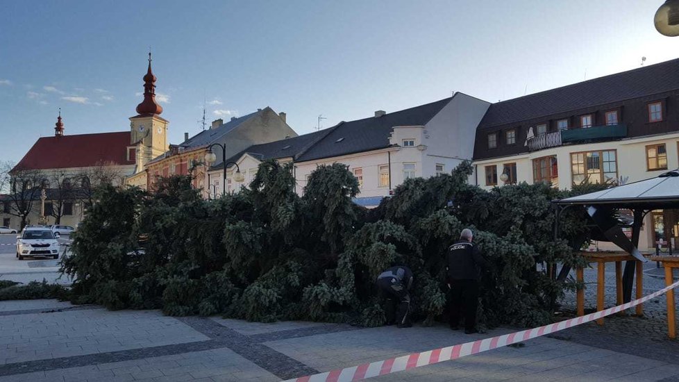 Holešovský vánoční strom spadl na přístřešky trhovců.