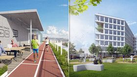 Unikátní kancelářská budova v Holešovicích: Bude tam kino, zahrada a na střeše běžecká dráha