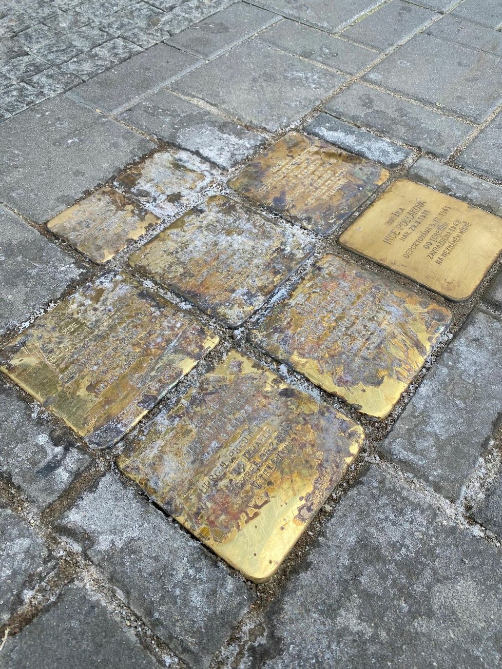 Kameny se jmény obětí holocaustu v brněnské ulici někdo polil louhem. Případ šetří policie.