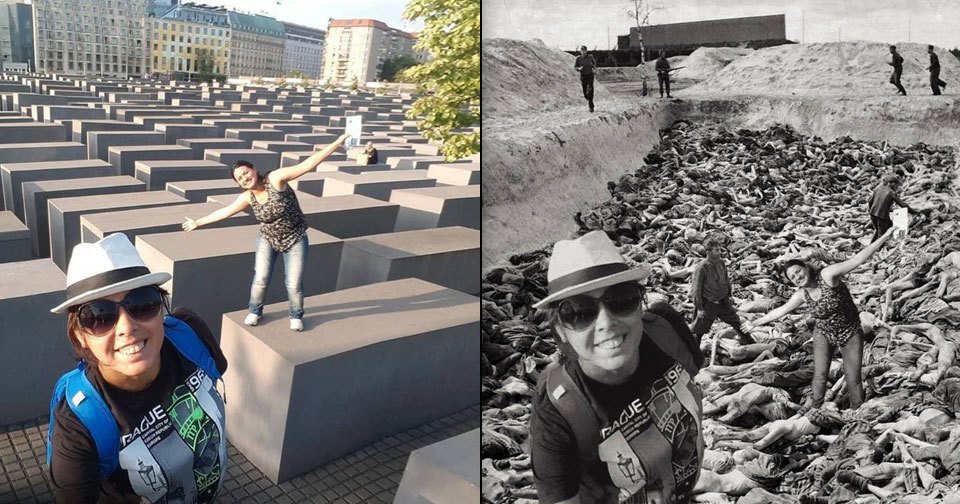 Nevkusná selfíčka u památníku holocaustu proměnil umělec v něco děsivého: Na upravených fotkách lidé pózují přímo v centru dění nacistických hrůz