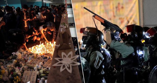 Studenta (†22) uctily tisíce lidí. Policie tvrdě zasáhla proti demonstrantům v Hongkongu