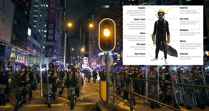 Demonstrantům v Hongkongu dochází plynové masky a přilby. Z internetu si vybavení nekoupí